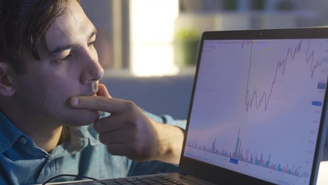 The broker monitors the stock sales statistics. Investment concept.
Home Office Evening: Man Using Computer with Screen Displaying Real Time Stocks, Currency Market Charts.
