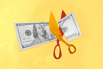 Collage photo of abstract image scissors cut dollars money bankruptcy inflation devaluation isolated on bright yellow color background