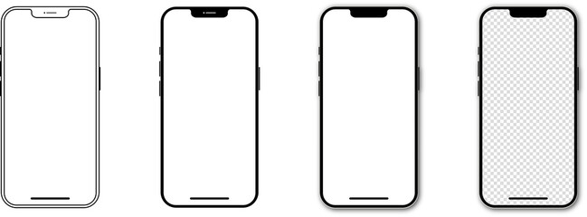 Set of realistic models smartphone with transparent screens. Smartphone mockup collection. Phone mockup in front. Mobile phone with shadow. Realistic, flat and line style. PNG image