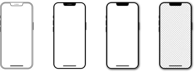 Fotobehang Set of realistic models smartphone with transparent screens. Smartphone mockup collection. Phone mockup in front. Mobile phone with shadow. Realistic, flat and line style. PNG image © The Best Stocker