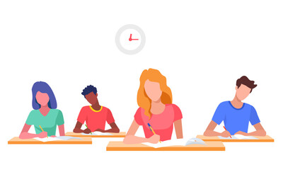 Students sitting at their desks are solving exam questions. school kids cartoon style vector illustration.