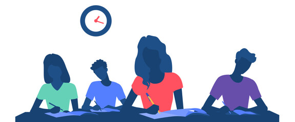 Vector illustration of student silhouettes solving questions in exam. Group of students taking notes in class.