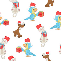 Christmas seamless pattern with animals. Cat, parrot and dog with gift and Santa Claus hat. Prints, packaging template, wrapping paper, textile, bedding and wallpaper.
