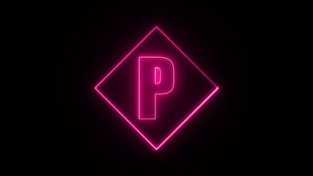 Neon effect on letter p with a squire stroke shape, neon color shape, neon on squire shape 4k animation video
