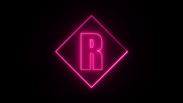Neon effect on letter r with a squire stroke shape, neon color shape, neon on squire shape 4k animation video