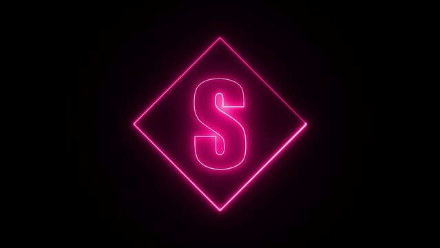 Neon effect on letter s with a squire stroke shape, neon color shape, neon on squire shape 4k animation video