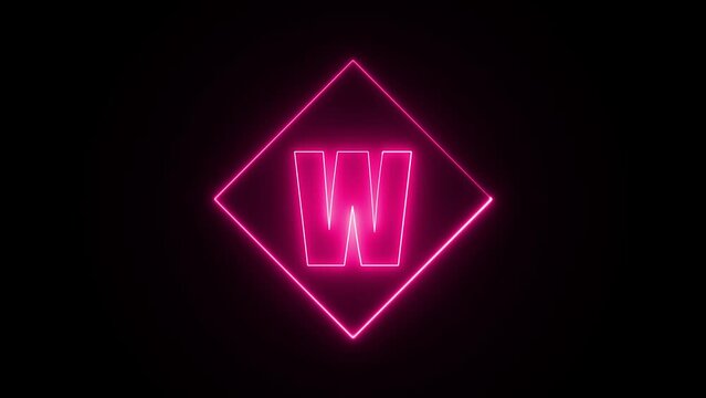 Neon effect on letter w with a squire stroke shape, neon color shape, neon on squire shape 4k animation video