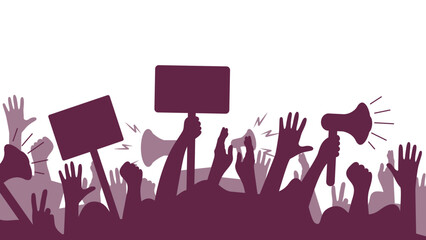 human hands in the crowd silhouettes with protest banners and megafon