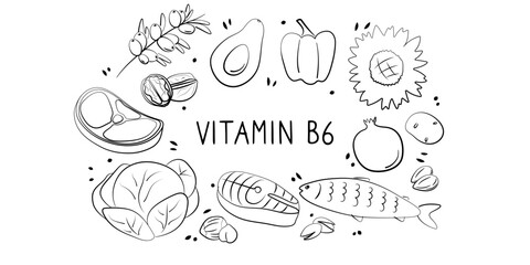Vitamin B6 Pyridoxine. Groups of healthy products containing vitamins. Set of fruits, vegetables, meats, fish and dairy
