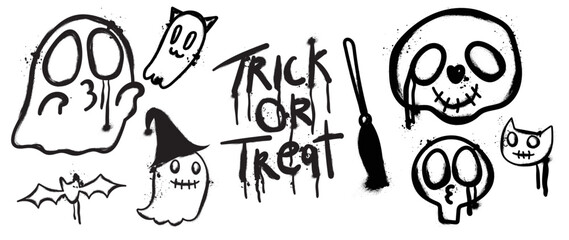 Set of graffiti spray pattern. Collection of halloween symbols, skull, bat, ghost, cat, trick or treat with spray texture. Elements on white background for banner, decoration, street art, halloween.