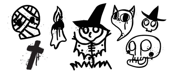 Set of graffiti spray pattern. Collection of halloween symbols, skull, mummy, candle, cat, ghost with spray texture. Elements on white background for banner, decoration, street art, halloween.