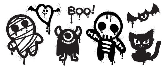 Set of graffiti spray pattern. Collection of halloween symbols, mummy, monster, skeleton, bat, cat with spray texture. Elements on white background for banner, decoration, street art, halloween.