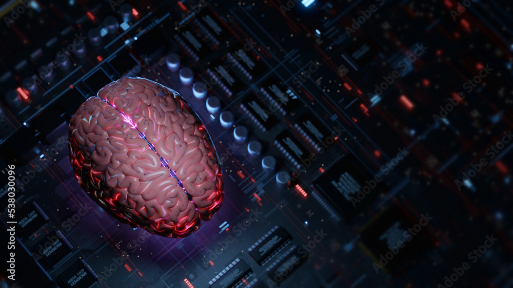 Poster 3d rendering of glowing human brain on microchip circuit computer motherboard. for big data artifici