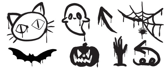 Set of graffiti spray pattern. Collection of halloween symbols, arrow, pumpkin, spider, bat, ghost with spray texture. Elements on white background for banner, decoration, street art, halloween.