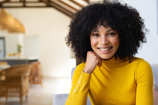Portrait Of Happy African American Woman Looking At Camera And Smiling