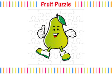 Fruit Puzzle Game for kids, jigsaw pieces color worksheet activity page, isolated vector illustration, Mascot cartoon style
