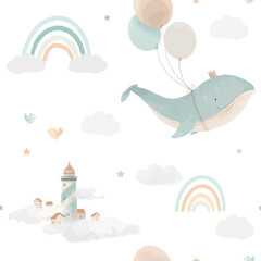 Beautiful vector children seamless pattern contain cute watercolor flying whales with air balloons lighthouses clouds and rainbows. Stock illustration. - 538030268