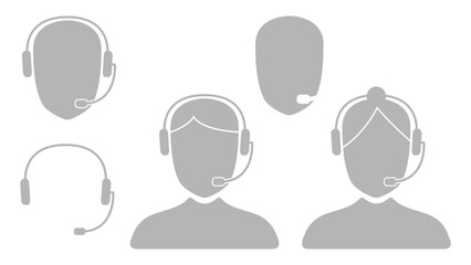 テレアポ・コールセンターなどのヘッドセットをつけた人のアイコン・シルエットのベクターイラスト素材のセット