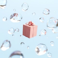 Outstanding blue Christmas Gift box Among with Water bubble Concept idea. 3D Render. Selective Focus. Minimal Christmas concept.