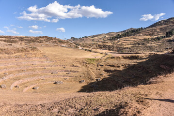 Fototapeta na wymiar Views of the Sacred Valley of the Incas from the Moray archaeological site. Cusco, Peru