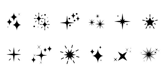 Set of sparkles star icons.Star icon.Bright firework.Light icon set.Flash,shine sparkle icon,glare,blink star.Black star icons isolated on white background
