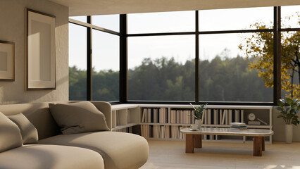 Modern contemporary living room interior with comfortable couch, coffee table and low bookcase