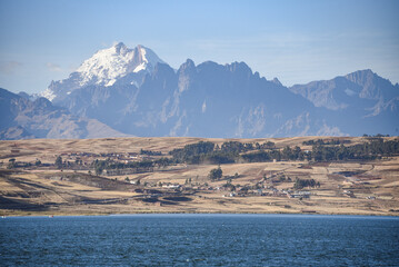 Views of the Andes mountains from Lake Huaypo, Cusco, Peru