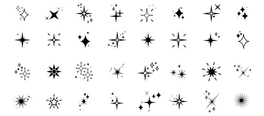 Set of sparkles star icons.Star icon.Bright firework.Light icon set.Flash,shine sparkle icon,glare,blink star.Black star icons isolated on white background