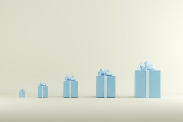 Blue Gift box Different size scale on yellow background. 3D Render. Minimal idea Christmas concept.