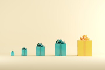 Outstanding Yellow Gift box among blue Gift box Different size scale on yellow background. 3D Render. Minimal idea Christmas concept.
