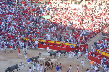 Pamplona, Spain - 10 July, 2022: Crowds gather in the Plaza de Toros for the Annual running of the...
