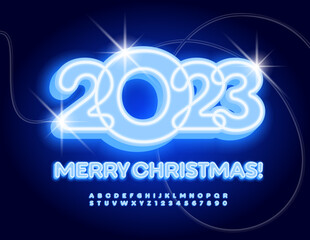 Vector neon Greeting Card Merry Christmas 2023! Blue glowing Font. Artistic Alphabet Letters and Numbers set