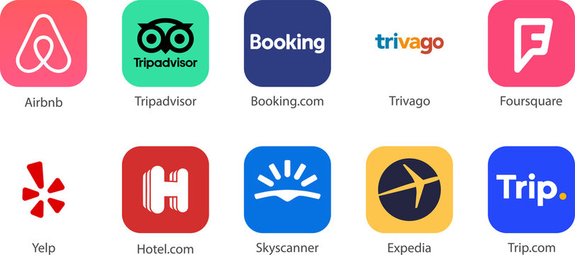 Bookings App logo set : Tripadvisor, Booking.com, Airbnb, Expedia, Trivago, Yelp, Trip, Skyscanner , Foursquare, Hotel.com. Restaurant Booking application icons on transparent background. PNG image