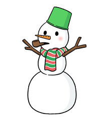 マフラーとバケツをかぶり、パイプタバコをくわえる三段重ねの雪だるま