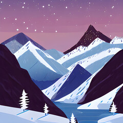 night at winter mountain and lake