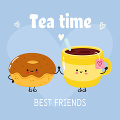 Cute happy cup of tea and donut card. Vector hand drawn doodle style cartoon character illustration icon design. Happy cup of tea and chocolate donut friends concept card