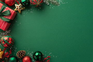 Christmas Day concept. Top view photo of big present box green red baubles gold star ornament pine...