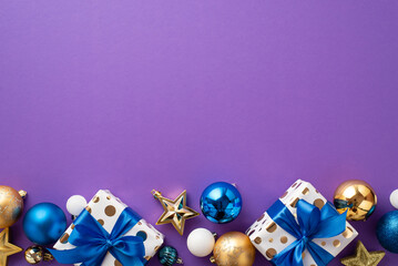 Christmas Day concept. Top view photo of gift boxes with ribbon bows blue gold baubles and star...
