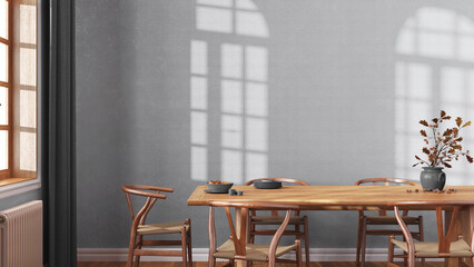Farmhouse dining room with wooden table and chairs in gray and beige tones. Plaster walls, boho interior design