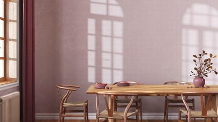 Farmhouse dining room with wooden table and chairs in red and beige tones. Plaster walls, boho interior design