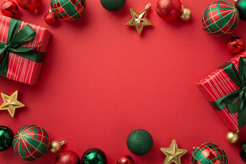 New Year concept. Top view photo of trendy gift boxes with bows red green baubles and gold star...