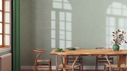 Farmhouse dining room with wooden table and chairs in green and beige tones. Plaster walls, boho interior design