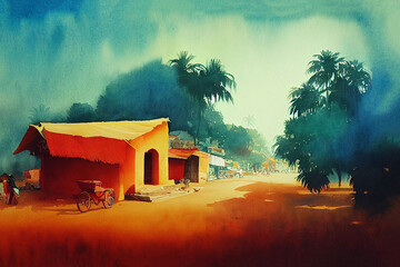 India skyline. Watercolor illustration. Indian landscape