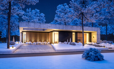 3d rendering of new concrete house in modern style with pool and parking for sale or rent and beautiful landscaping on background. The house has only one floor. Cool winter night with stars in sky.