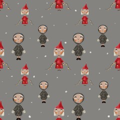 Seamless pattern with christmas gnomes on red cap with garland on her hands and girl on fur coat. Girls on grey background for fabric, paper, books, toys, greeting, christmas design.