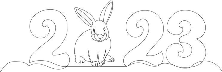 2023 and rabbit one continuous line drawing, vector