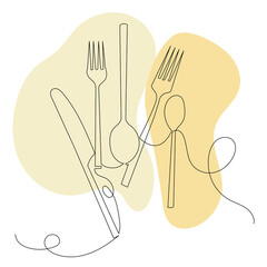forks, spoons one continuous line drawing, vector
