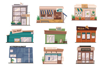 Restaurants or shops facades isolated scenes set. Building of office centre, mall, pizzeria, hypermarket, clothing store. Bundle of modern exteriors. Illustration in flat cartoon for web design