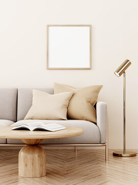 Square frame mockup in decorated warm neutral interior with couch, brass lamp and table on beige wall backgroung. 3d illustration, 3d rendering