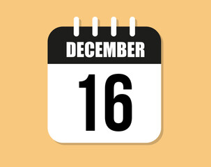16 day december icon. Black and white december month calendar vector on orange background.